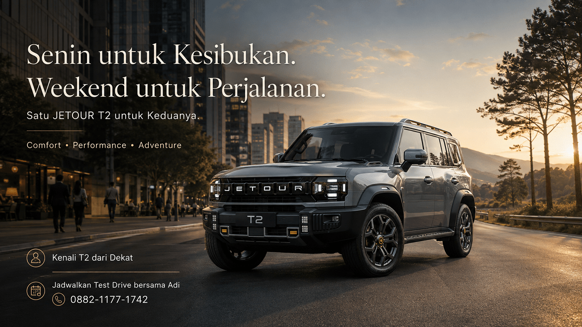 JETOUR T2 ICE 2026 dalam suasana perjalanan dari aktivitas kota Jakarta menuju perjalanan akhir pekan.