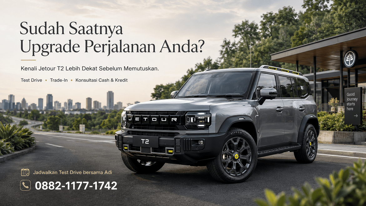 Jetour T2 2026 dalam suasana perjalanan akhir pekan untuk kampanye test drive bagi calon pembeli di Jakarta Timur.
